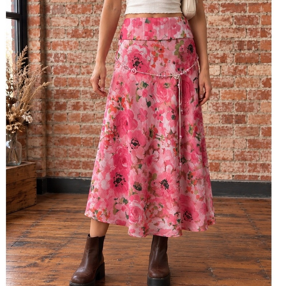 Y2K Pink Floral Midi Skirt Beaded 8 Fairy Coquette Graden Romantic Cottagecore
